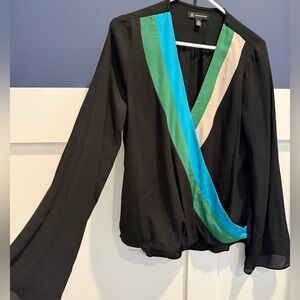 INC International Concepts Black Blouse with Blue, Teal and Cream Accents Size M